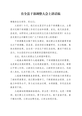 在全县干部调整大会上讲话稿
