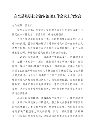在全县基层社会治安治理工作会议上的发言