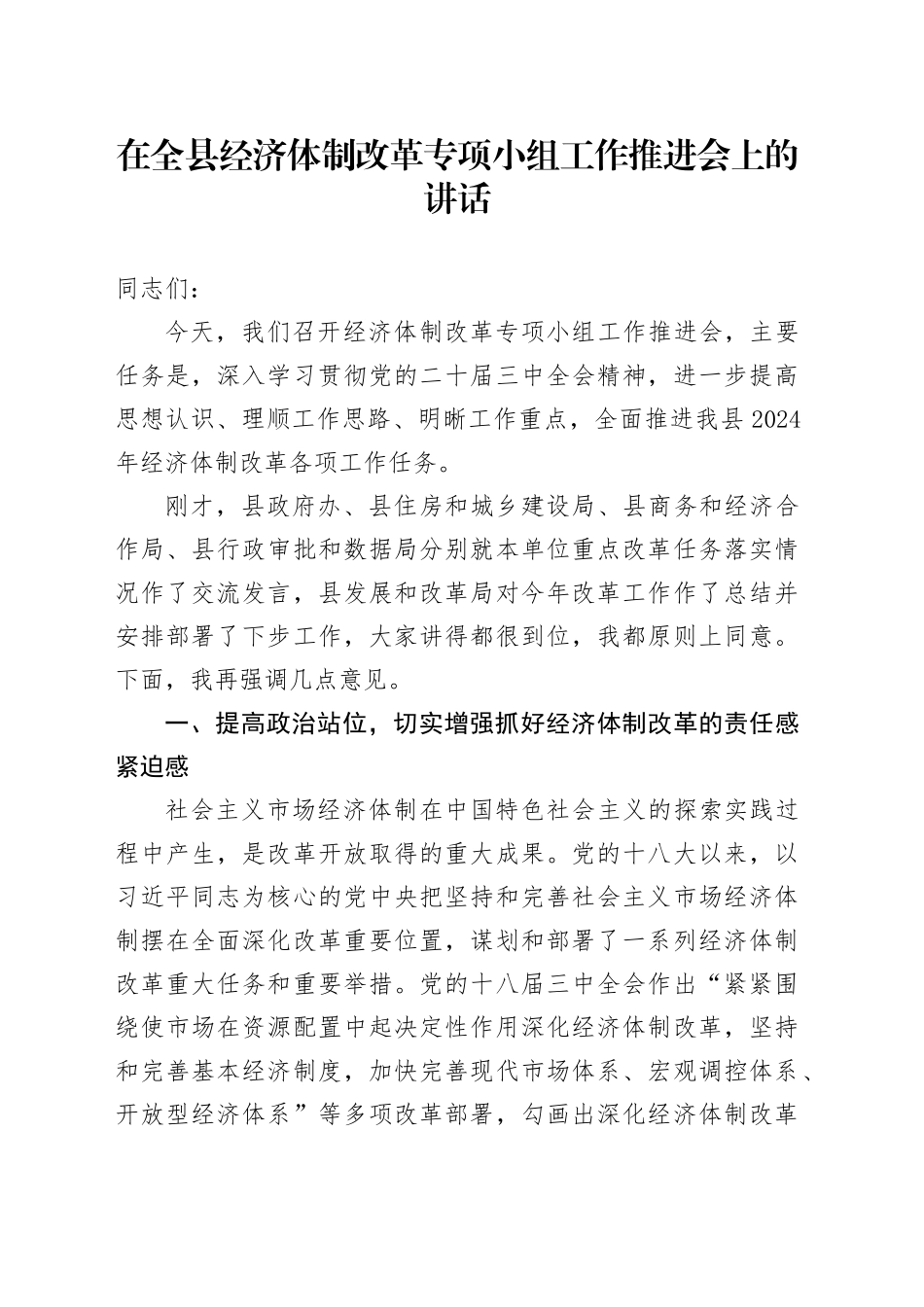 在全县经济体制改革专项小组工作推进会上的讲话_第1页