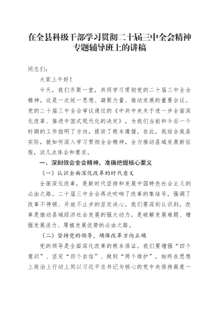 在全县科级干部学习贯彻二十届三中全会精神专题辅导班上的讲稿1700字