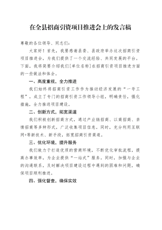 在全县招商引资项目推进会上的发言稿