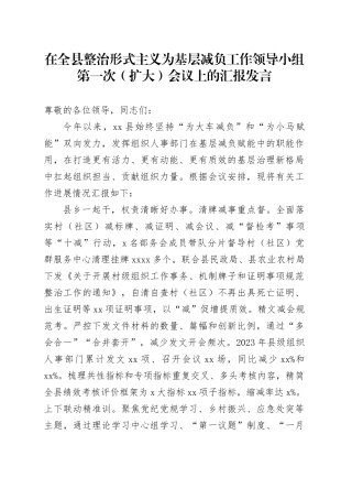 在全县整治形式主义为基层减负工作领导小组第一次（扩大）会议上的汇报发言