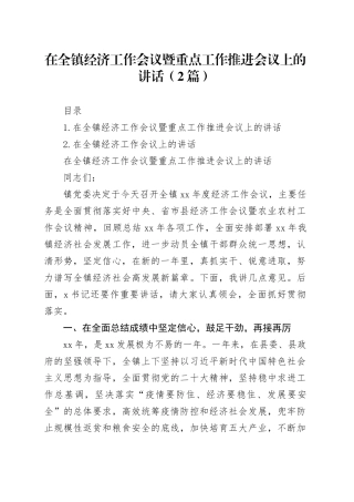 在全镇经济工作会议暨重点工作推进会议上的讲话（2篇）