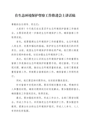 在生态环境保护督察工作推进会上讲话稿
