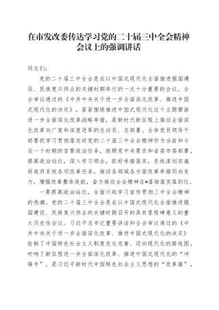 在市发改委传达学习党的二十届三中全会精神会议上的强调讲话