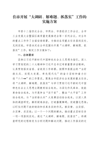 在市开展“大调研、解难题、抓落实”工作的实施方案