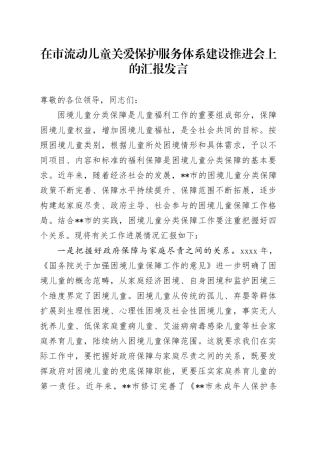 在市流动儿童关爱保护服务体系建设推进会上的汇报发言