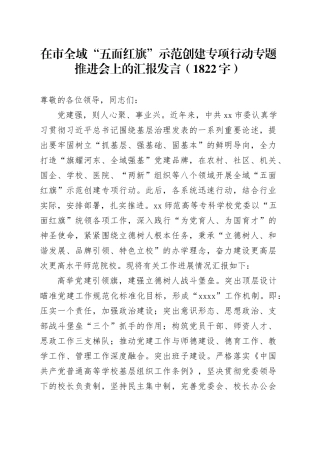 在市全域“五面红旗”示范创建专项行动专题推进会上的汇报发言（1822字）