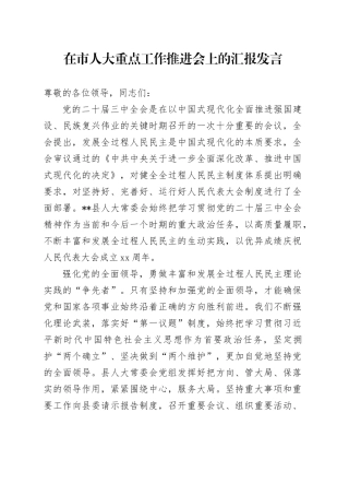 在市人大重点工作推进会上的汇报发言