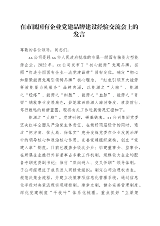 在市属国企党建品牌建设经验交流会上的发言（公司）