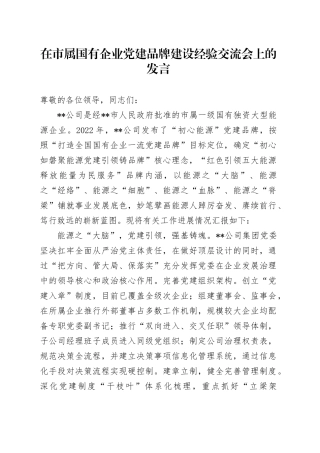 在市属国有企业党建品牌建设经验交流会上的发言