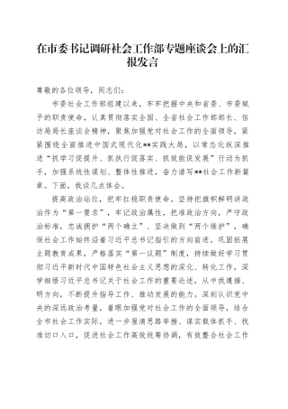 在市委书记调研社会工作部专题座谈会上的汇报发言