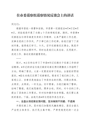 在市委巡察组巡察情况反馈会上的讲话