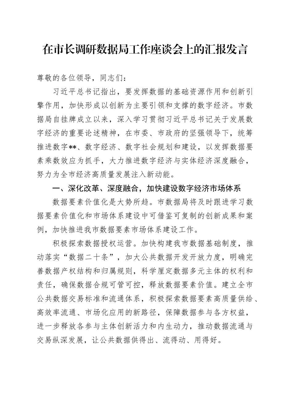 在市长调研数据局工作座谈会上的汇报发言_第1页