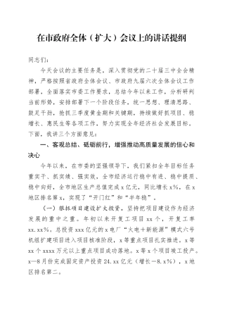 在市政府全体（扩大）会议上的讲话提纲