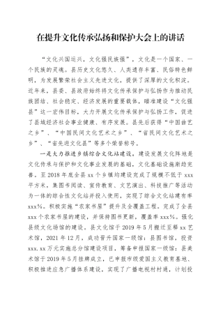 在提升文化传承弘扬和保护大会上的讲话