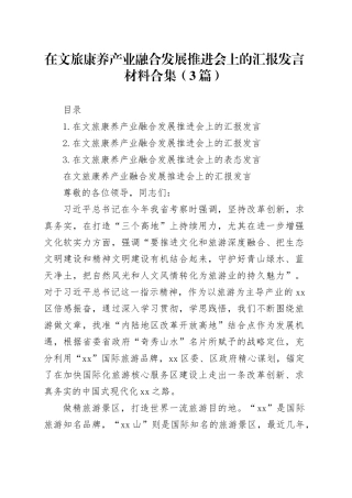 在文旅康养产业融合发展推进会上的汇报发言材料合集（3篇）