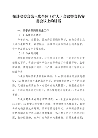 在县安委会第三次全体（扩大）会议食药安委会议上的讲话