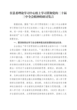 在县委理论学习中心组上学习贯彻党的二十届三中全会精神的研讨发言