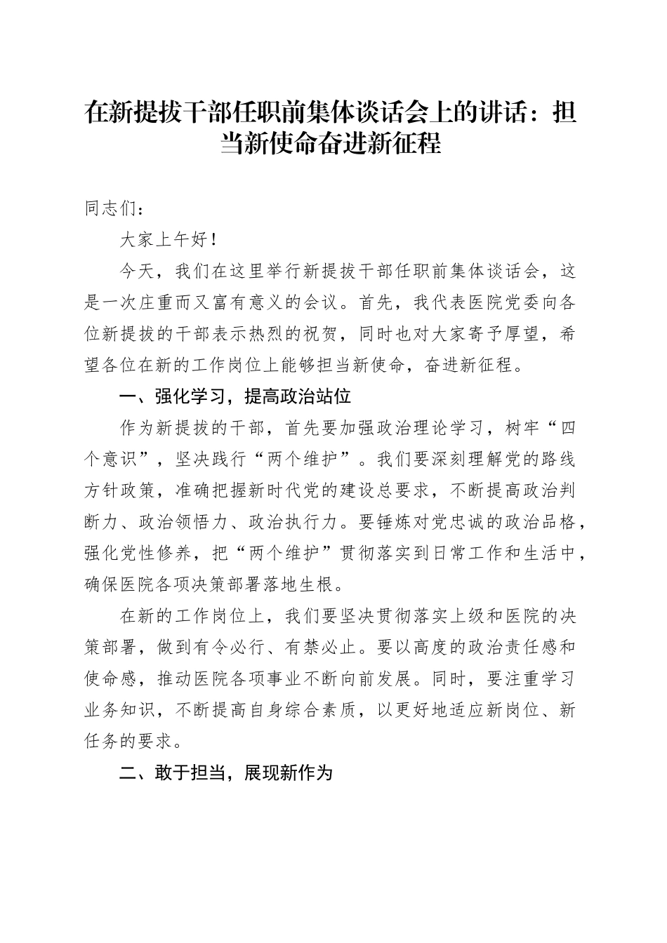 在新提拔干部任职前集体谈话会上的讲话：担当新使命 奋进新征程_第1页