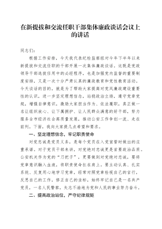 在新提拔和交流任职干部集体廉政谈话会议上的讲话