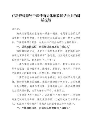 在新提拔领导干部任前集体廉政谈话会上的讲话提纲