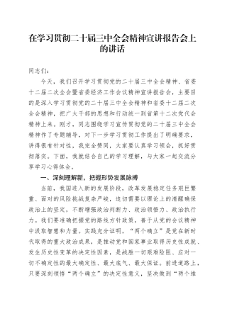 在学习贯彻二十届三中全会精神宣讲报告会上的讲话