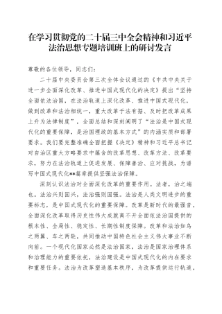 在学习贯彻三中全会精神和习近平法治思想专题培训班上的研讨发言2800字20240925