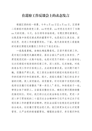 在巡察工作反馈会上的表态发言