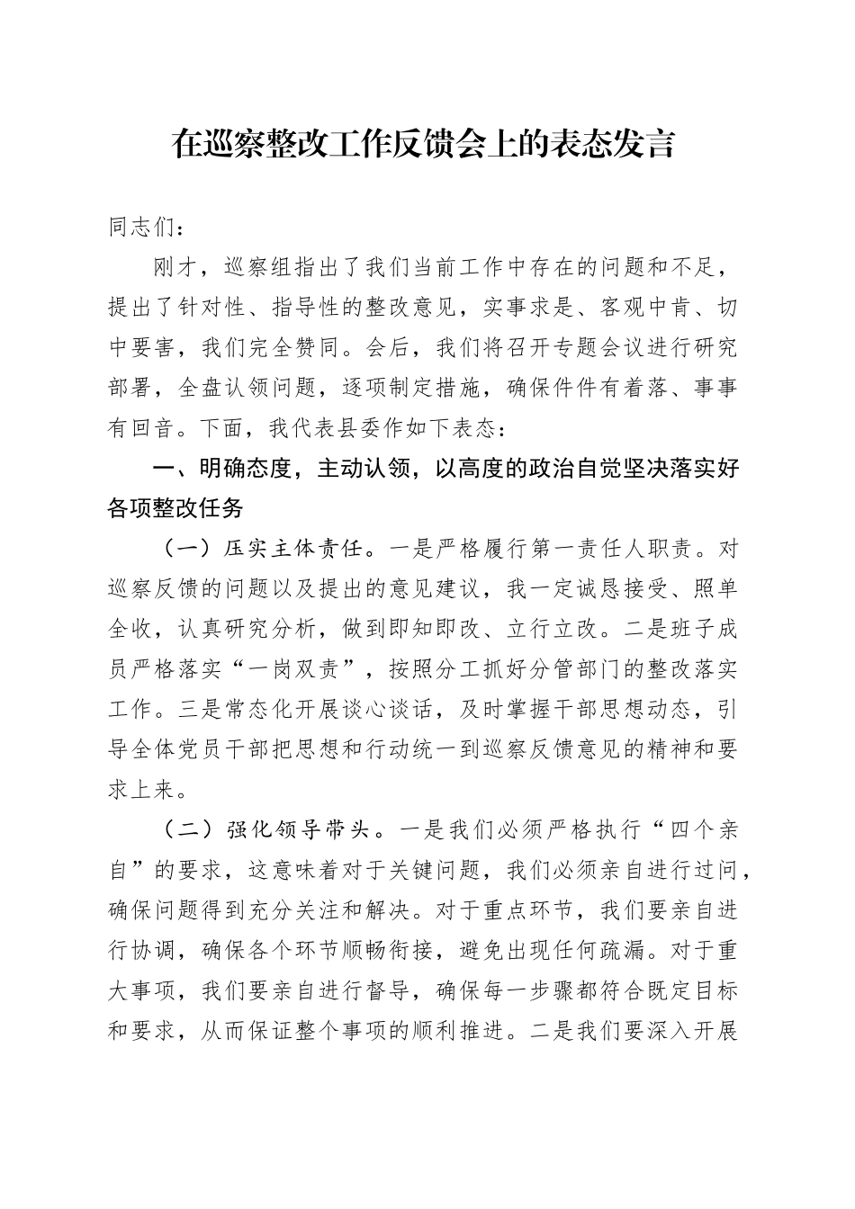 在巡察整改工作反馈会上的表态发言_第1页