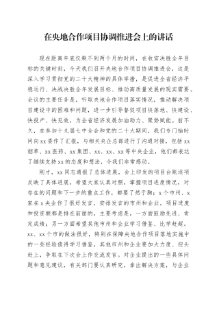 在央地合作项目协调推进会上的讲话