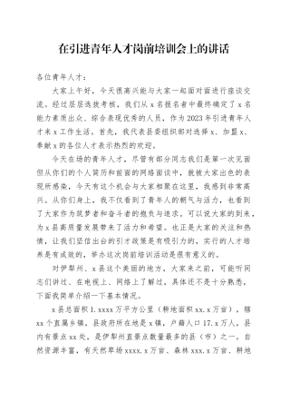 在引进青年人才岗前培训会上的讲话