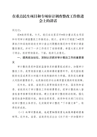 在重点民生项目和专项审计调查整改工作推进会上的讲话