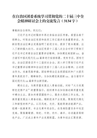在自治区团委系统学习贯彻党的二十届三中全会精神研讨会上的交流发言（3134字）