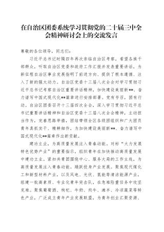 在自治区团委系统学习贯彻党的二十届三中全会精神研讨会上的交流发言