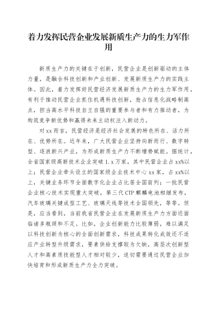 着力发挥民营企业 发展新质生产力的生力军作用