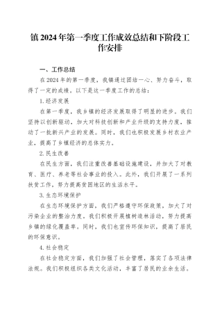 镇2024年第一季度工作成效总结和下阶段工作安排（20240510）