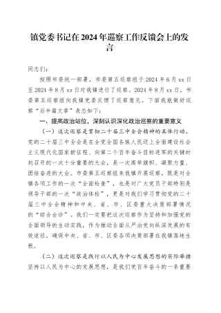 镇党委书记在2024年巡察工作反馈会上的发言