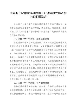 镇党委在纪律作风巩固提升行动阶段性推进会上的汇报发言