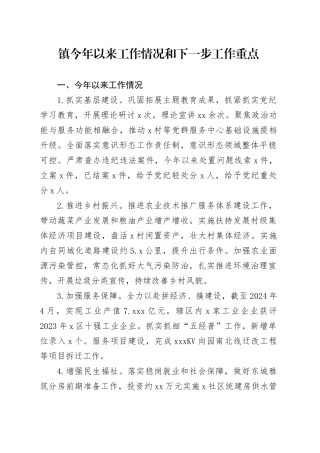 镇今年以来工作情况和下一步工作重点
