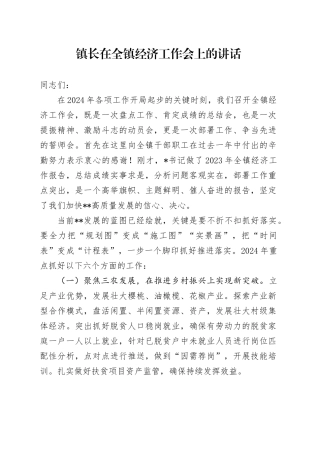 镇长在乡镇街道经济工作会上的讲话