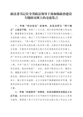 政法委书记在全省政法领导干部加强政治建设专题研讨班上的交流发言