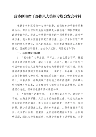 政协副主席干部作风大整顿专题会发言材料