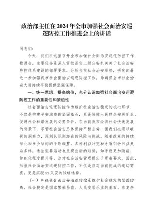 政治部主任在2024年全市加强社会面治安巡逻防控工作推进会上的讲话