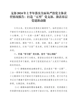 支部2024年上半年落实全面从严治党主体责任情况报告：打造“五型”党支部，激活基层党建新动能