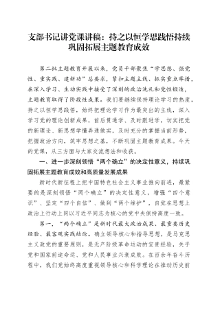 支部书记讲党课：持之以恒学思践悟 持续巩固拓展主题教育成效