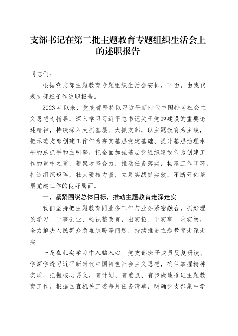 支部书记在第二批主题教育专题组织生活会上的述职报告_第1页