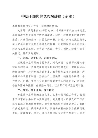 中层干部岗位竞聘演讲稿（企业）