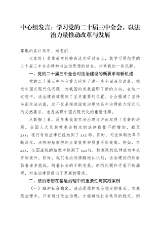 中心组发言：学习党的二十届三中全会，以法治力量推动改革与发展