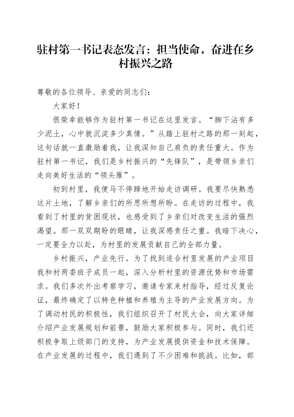 驻村第一书记表态发言：担当使命，奋进在乡村振兴之路_第1页